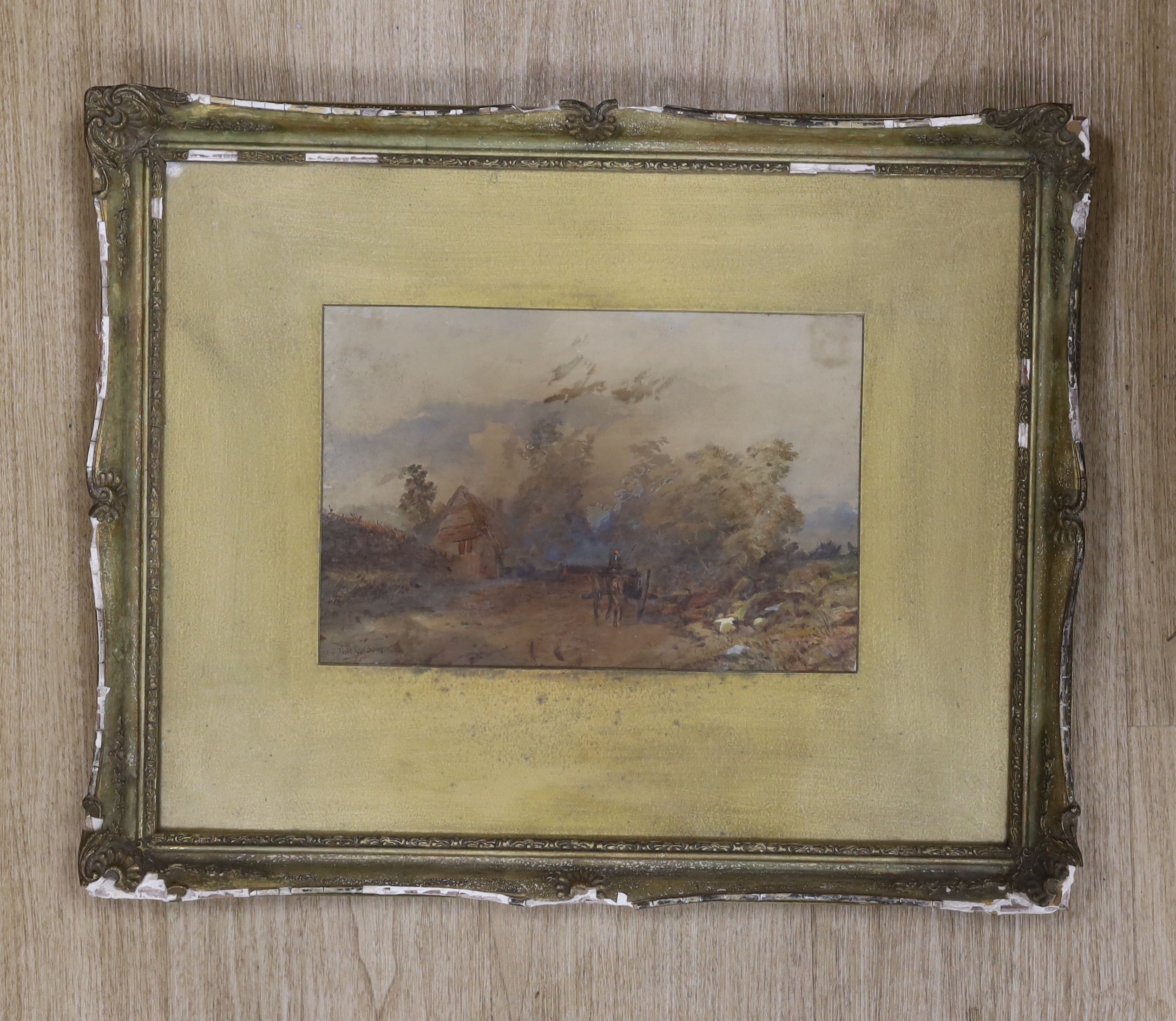 Follower of Thomas Gainsborough, watercolour, Horse and cart on a lane, bears signature, 20 x 30cm